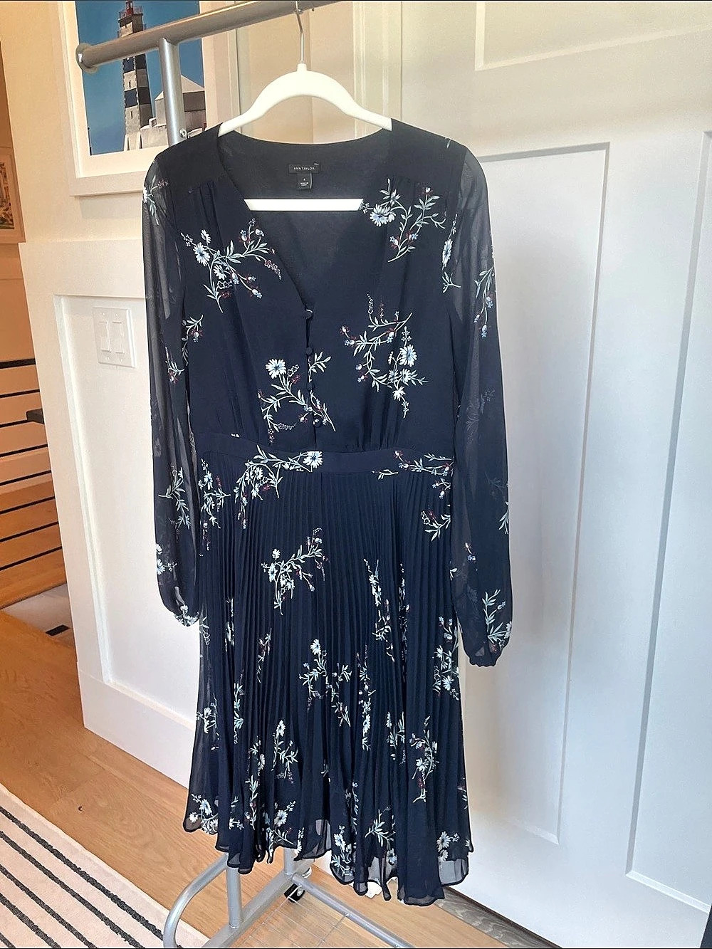 Ann Taylor Floral Long Sleeve Midi Dress in Blue